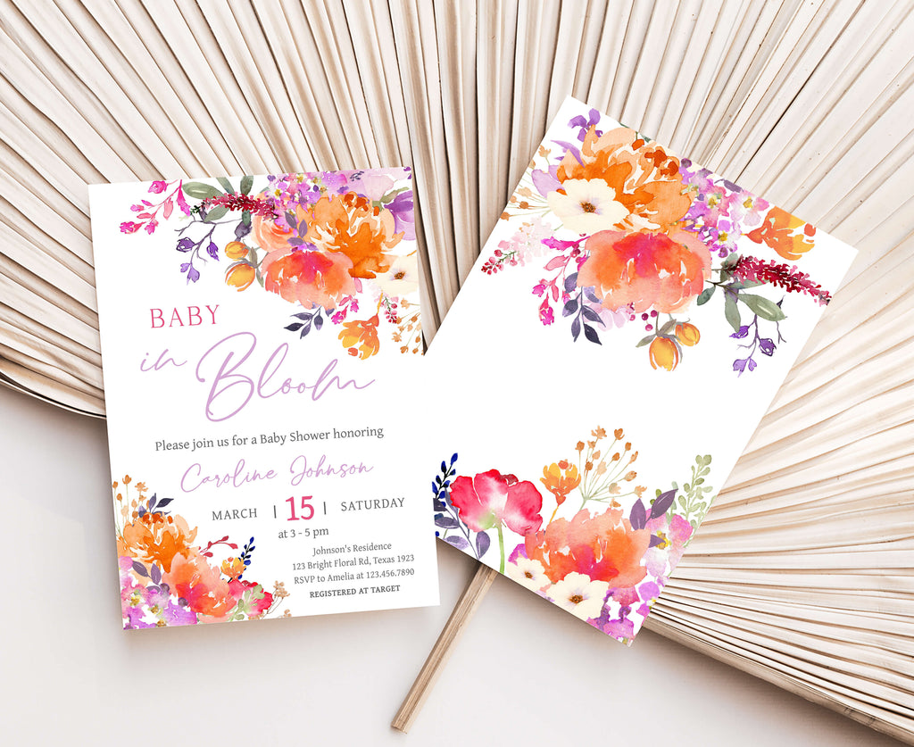 Spring floral baby girl baby shower invitation, baby in bloom theme printable