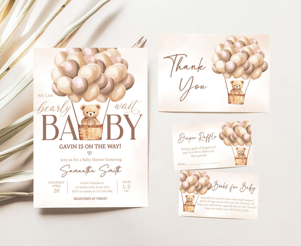 Brown Bear Balloon Baby Shower Invitation Set