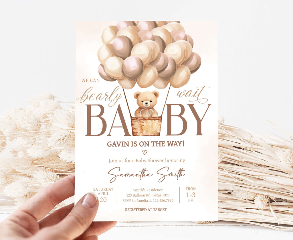 Brown Bear Balloon Baby Shower Invitation