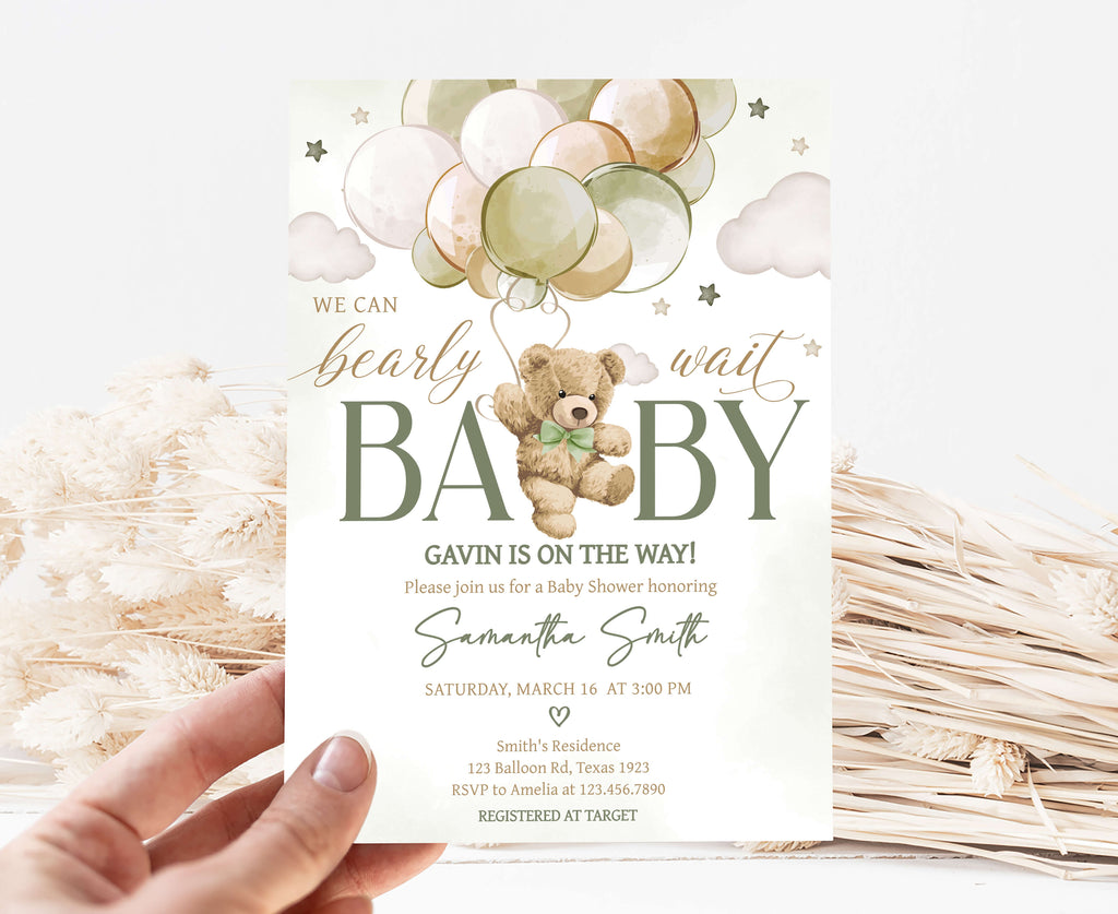 Green Boho Bear Baby Shower Invitation
