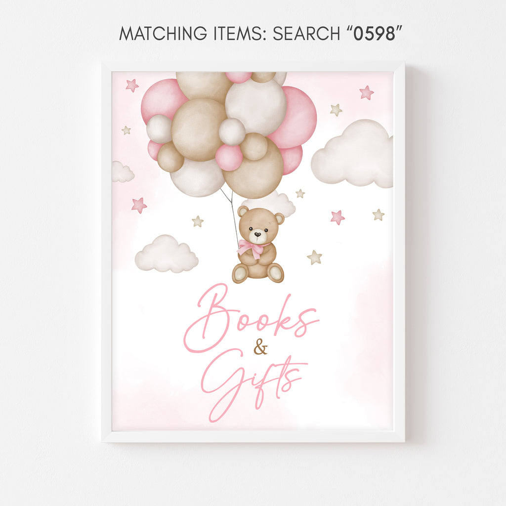 Pink Balloon Bear Baby Shower Books and Gifts Sign