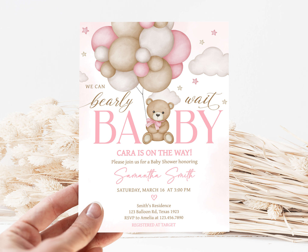 Pink Balloon Bear Baby Shower Invitation
