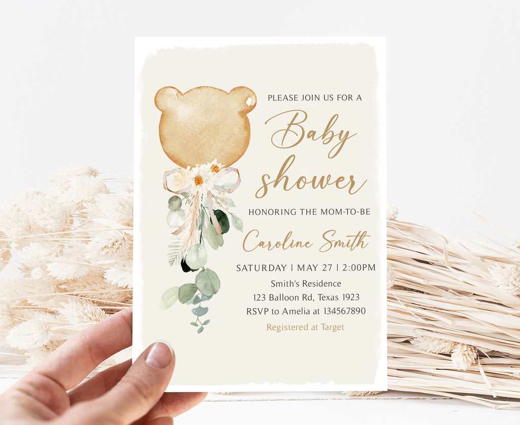 Balloon Bear Baby Shower Invitation