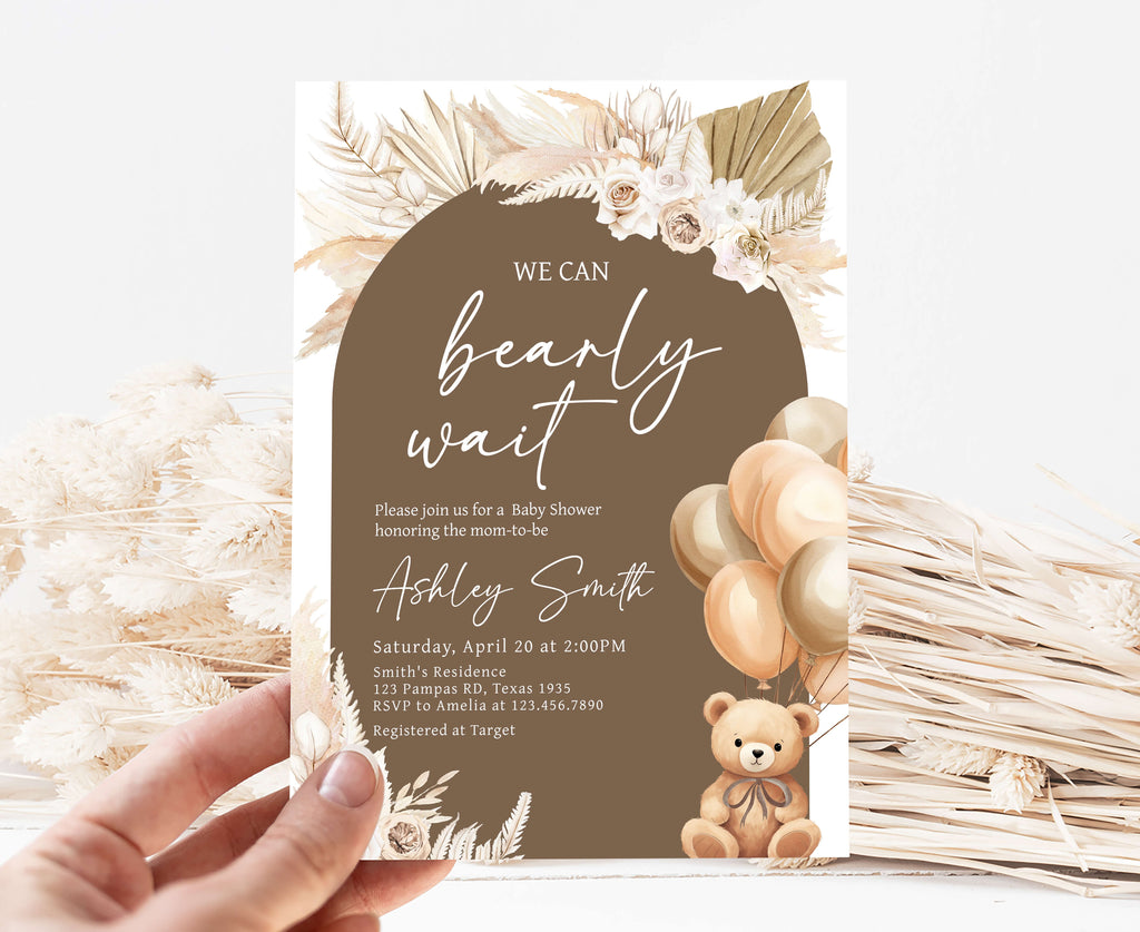 Brown Bear Balloon Baby Shower Invitation