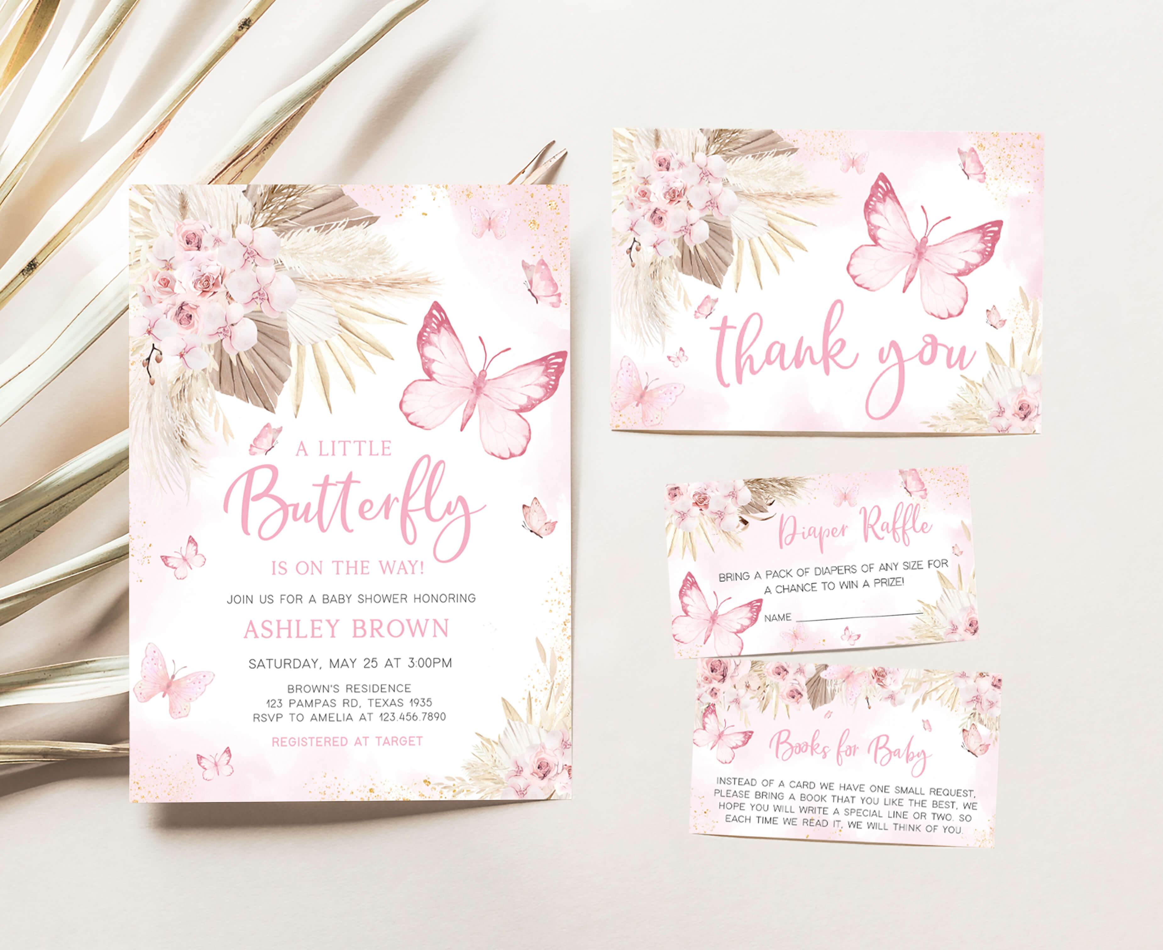 Editable Pink Boho Butterfly Baby Shower Invitation Set – Cuddle Palette