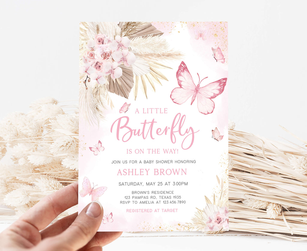 Pink Boho Butterfly Baby Shower Invitation