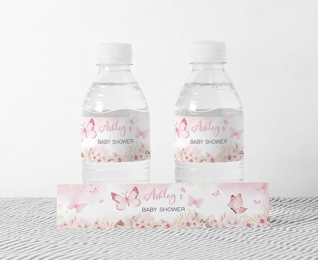 Pink Boho Butterfly Baby Shower Bottle Label