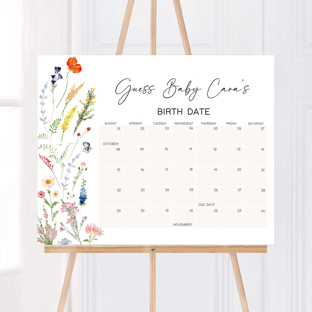 Spring wildflower baby girl due date calendar for baby shower games and printable party activity