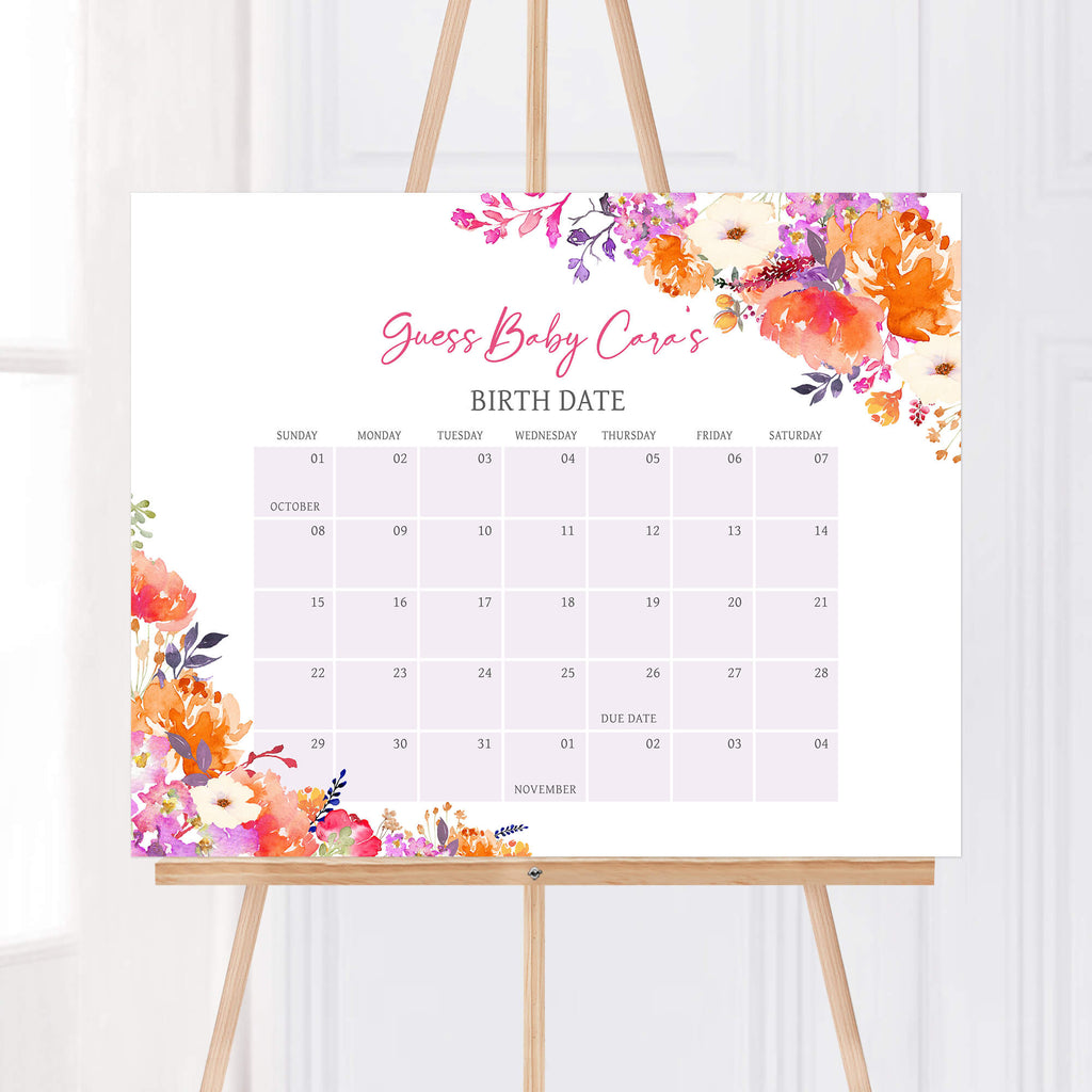 Spring bloom baby girl due date calendar for baby shower, floral printable template