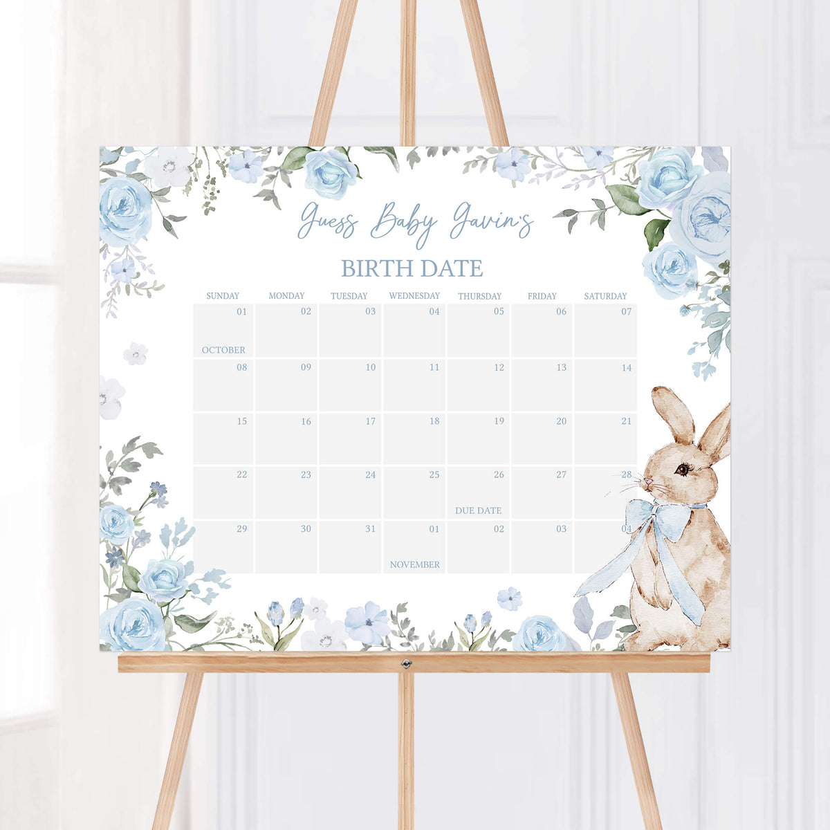 Editable Blue Floral Bunny Baby Shower Due Date Calendar – Cuddle Palette