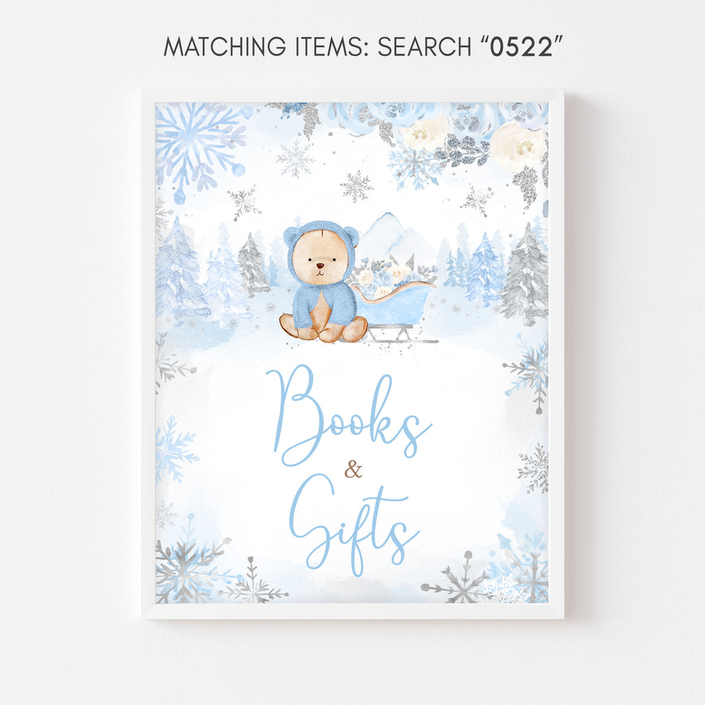 Blue Winter Bear Baby Shower Books and Gifts Sign