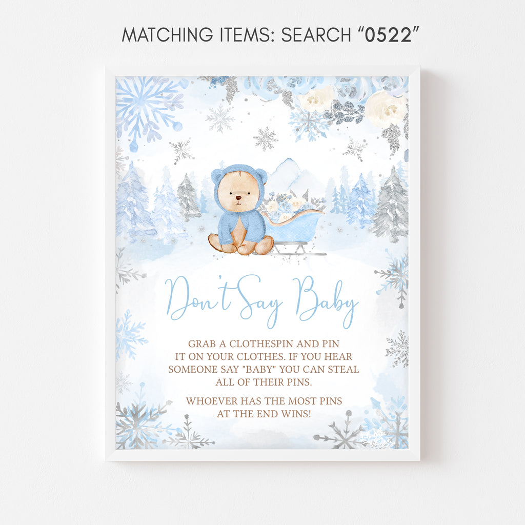 Blue Winter Bear Baby Shower Don't Say Baby Sign