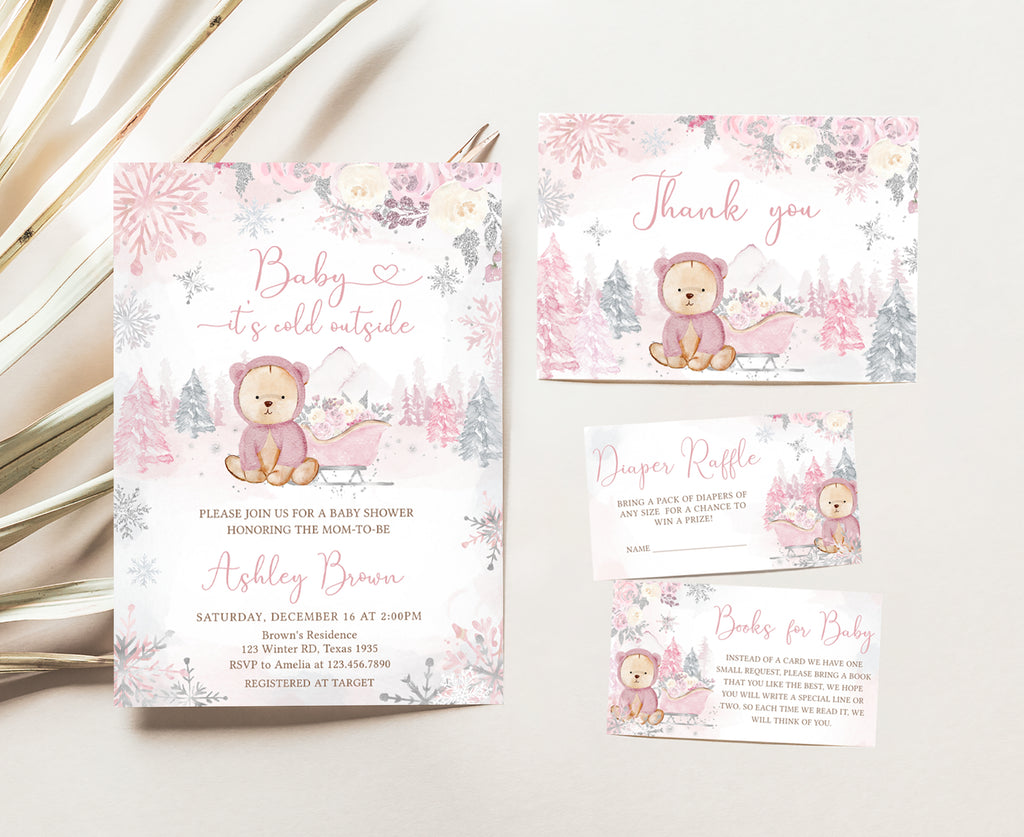 Pink Winter Bear Baby Shower Invitation Set