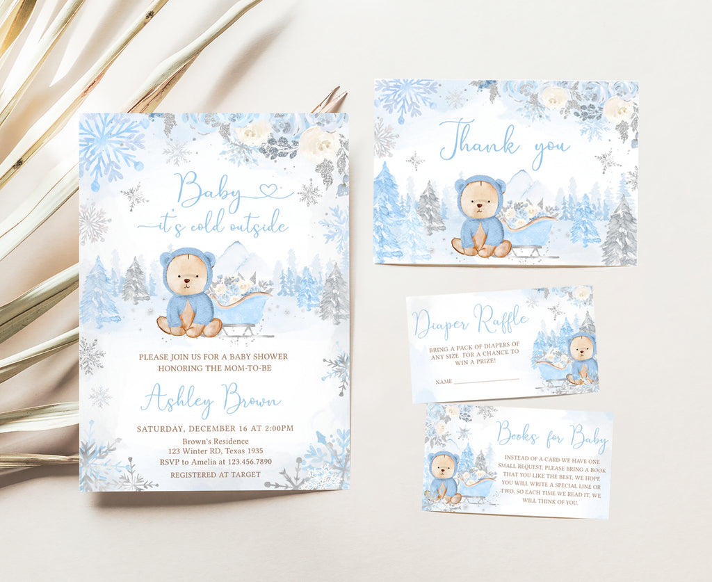 Blue Winter Bear Baby Shower Invitation Set