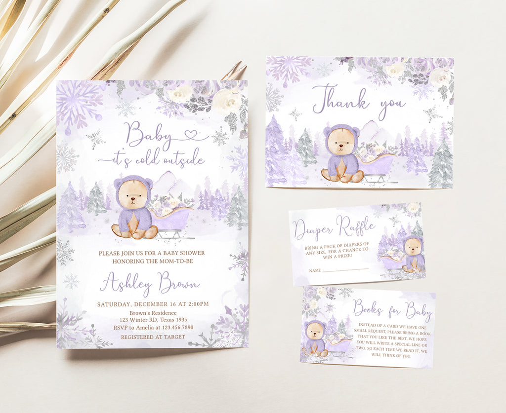 Purple Winter Bear Baby Shower Invitation Set