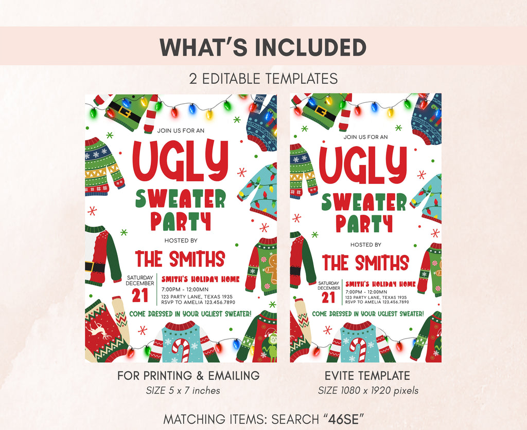 Holiday lights and ugly sweater party invite card