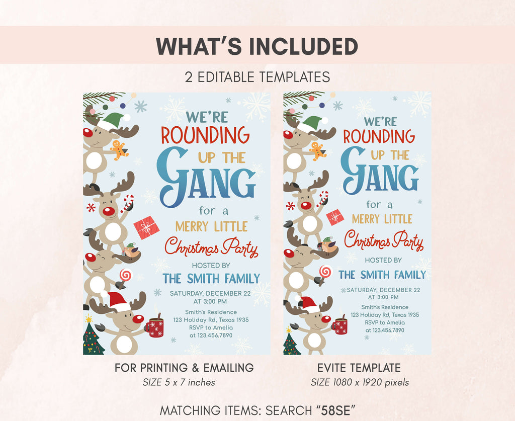 Merry little Christmas party invitations with fun cartoon reindeer