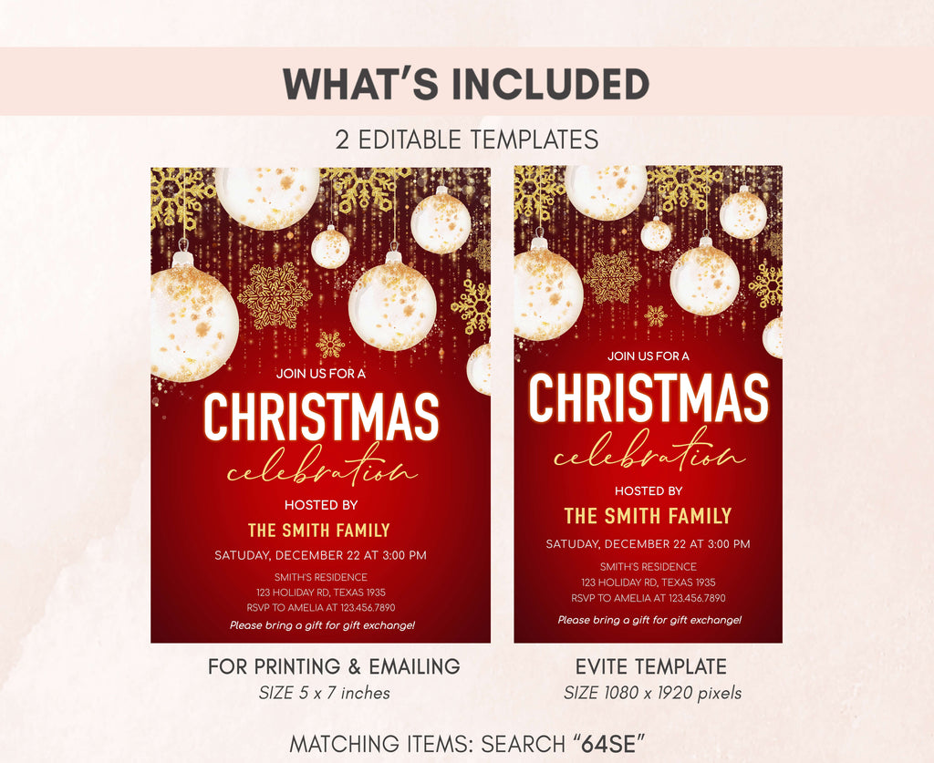 Customizable holiday invitation with elegant red background and gold accents