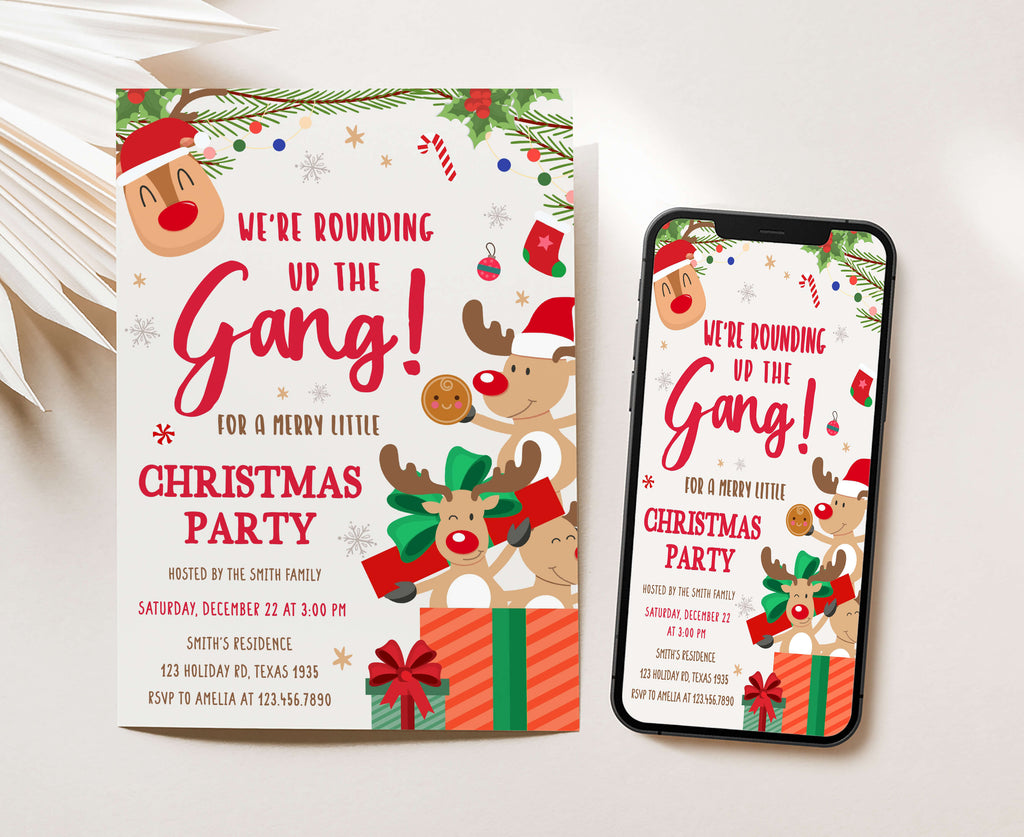 Festive holiday invitations with ornaments and holly design