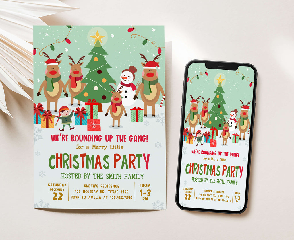 Family-friendly Christmas party invitations with whimsical design