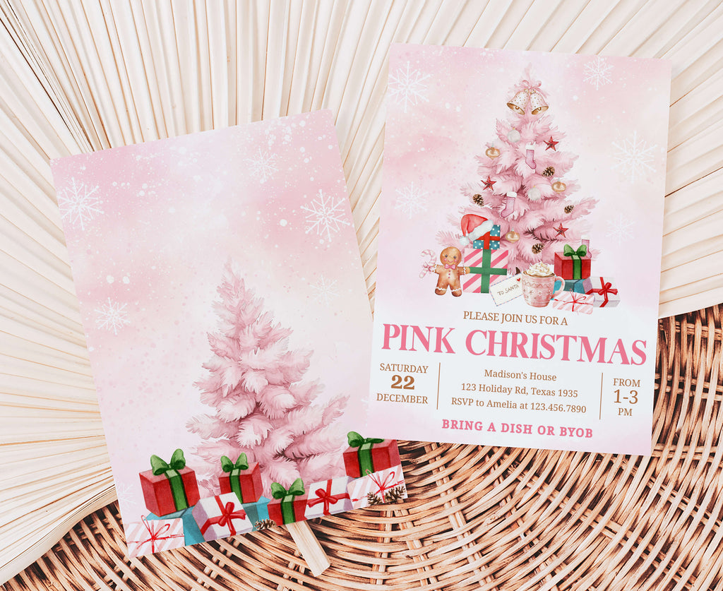 Whimsical holiday party invite featuring gingerbread and hot cocoa design