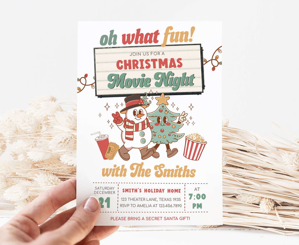 Printable snowman and Christmas tree movie night invitation