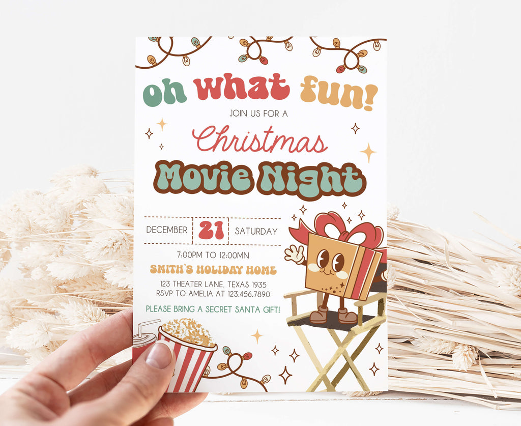 Printable Christmas movie night invitation with gift box design