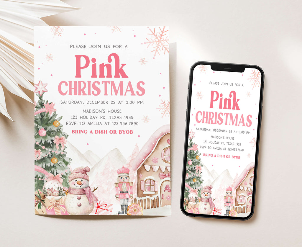 Cute pastel Christmas invitation with pink tree and winter wonderland theme