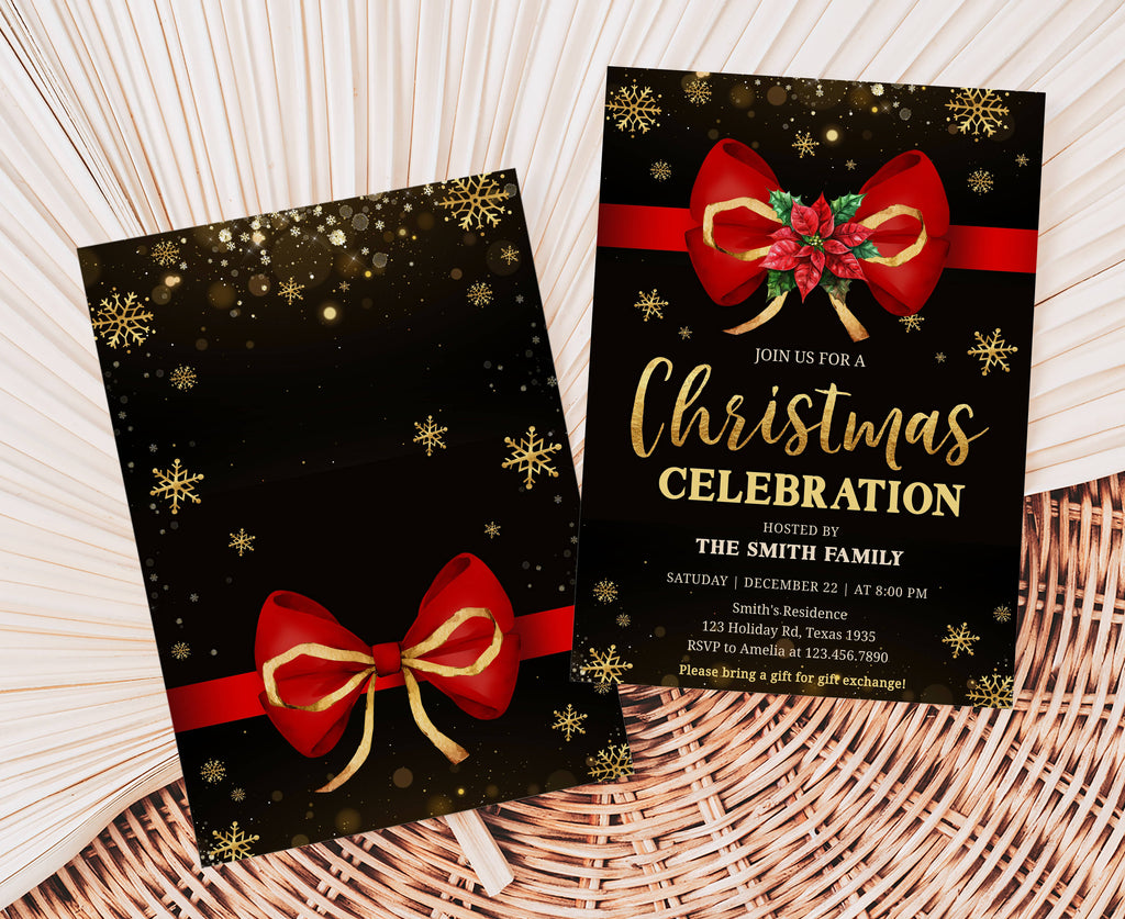 Luxury holiday invitation card with festive ribbon and snowflakes