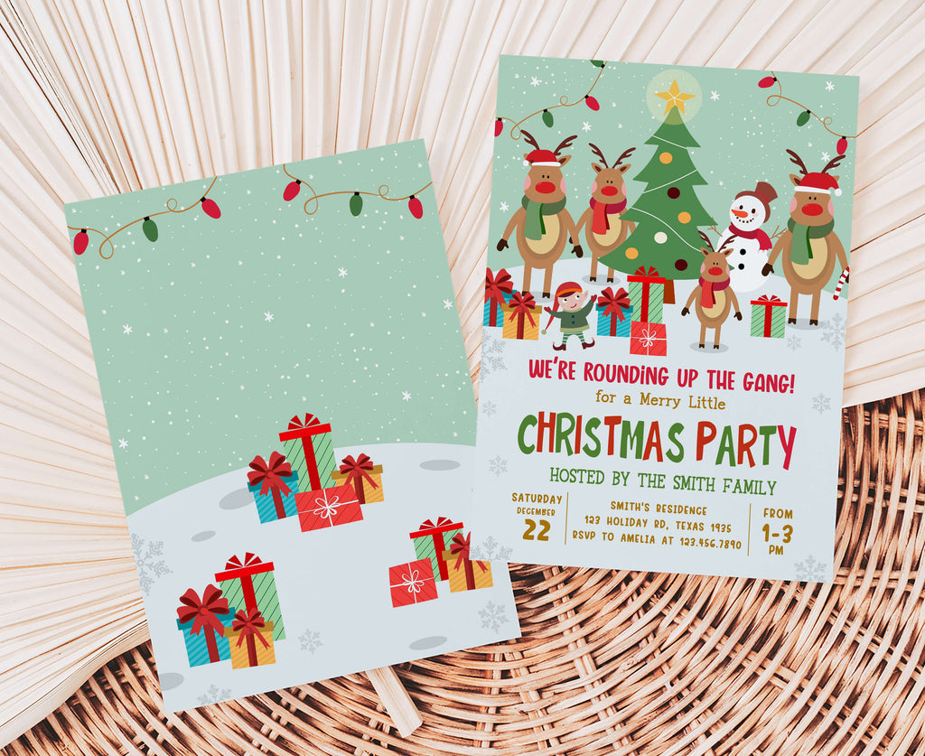 Festive Christmas tree and snowman holiday party invite cards