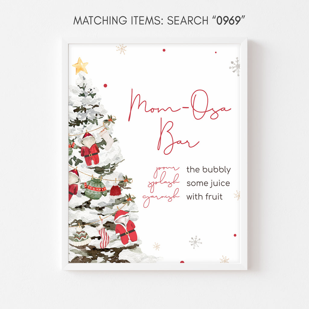 Christmas baby shower mom-osa bar sign | Santa Baby holiday drink station printable
