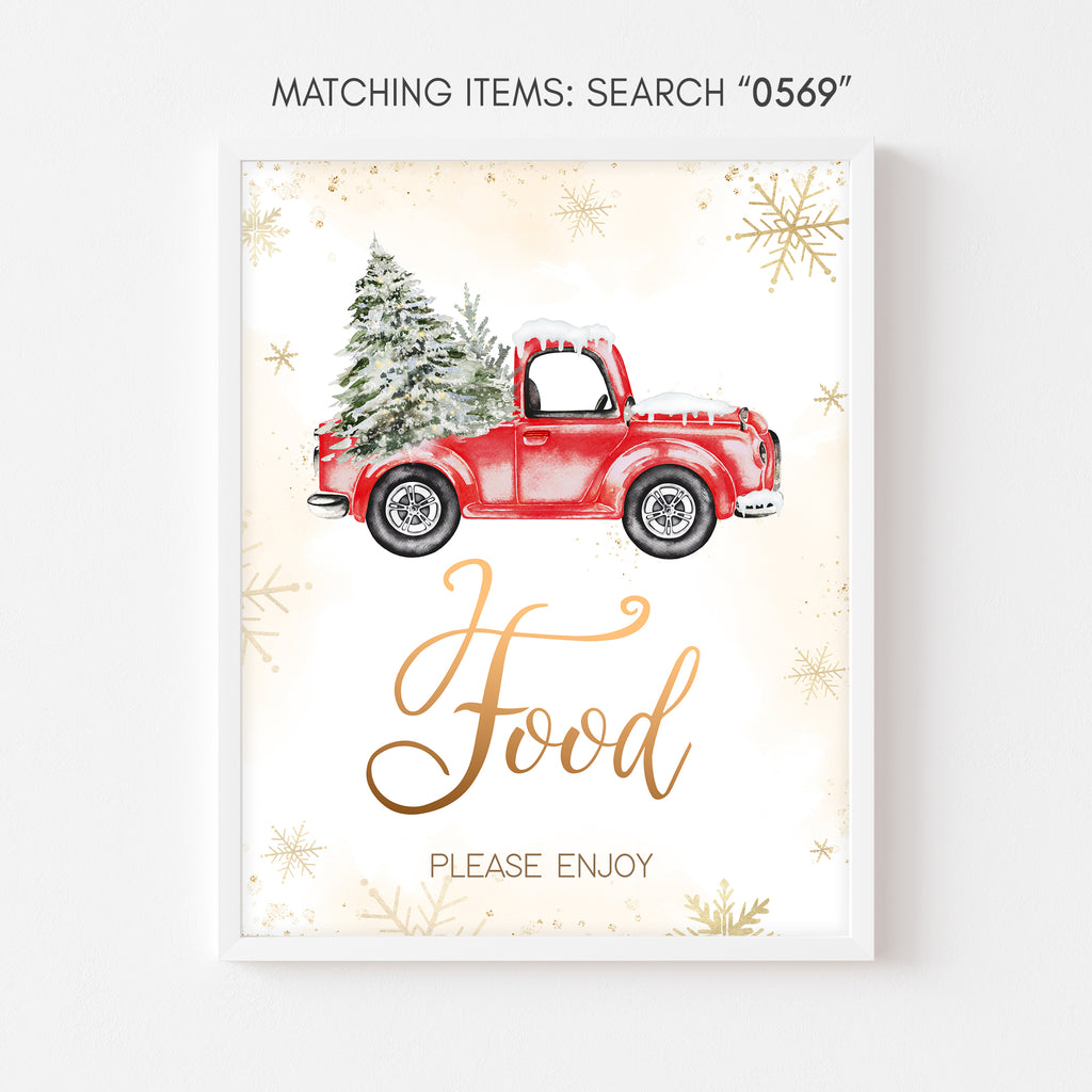 Winter baby shower food sign, rustic holiday red truck and gender neutral snowflake design