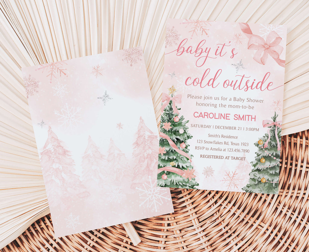 Editable holiday-themed baby shower invitation with snowflakes, winter baby shower invitation with pink bows and Christmas trees