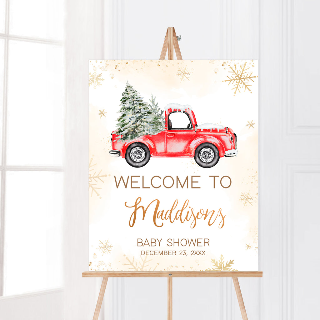 Winter baby shower welcome sign with rustic red truck and snowflakes, neutral design