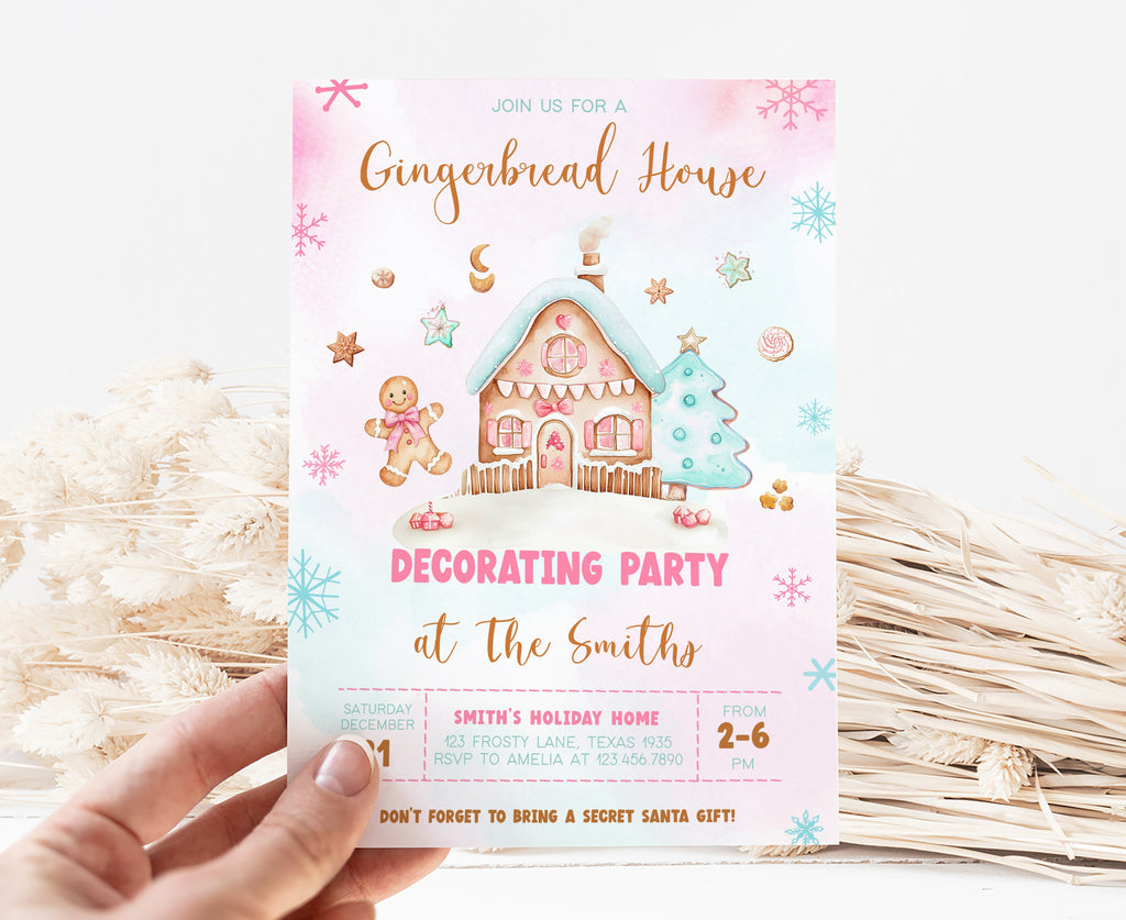 Whimsical pastel gingerbread house Christmas invitation with snowflake design