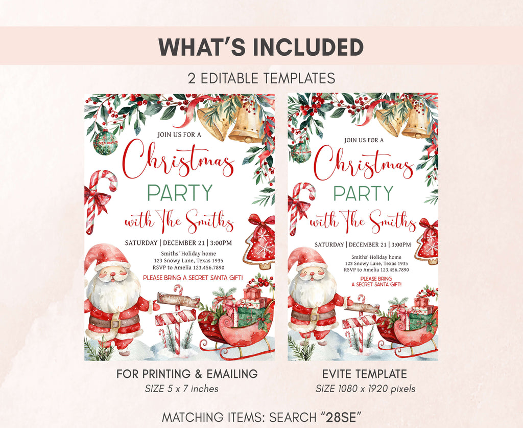 festive sleigh and candy cane Christmas invitation card