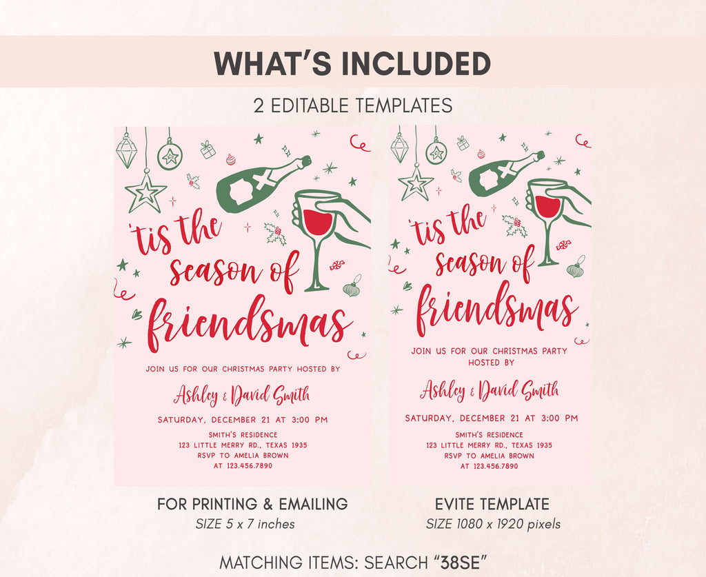 Modern holiday invitation design for Christmas wine and champagne party