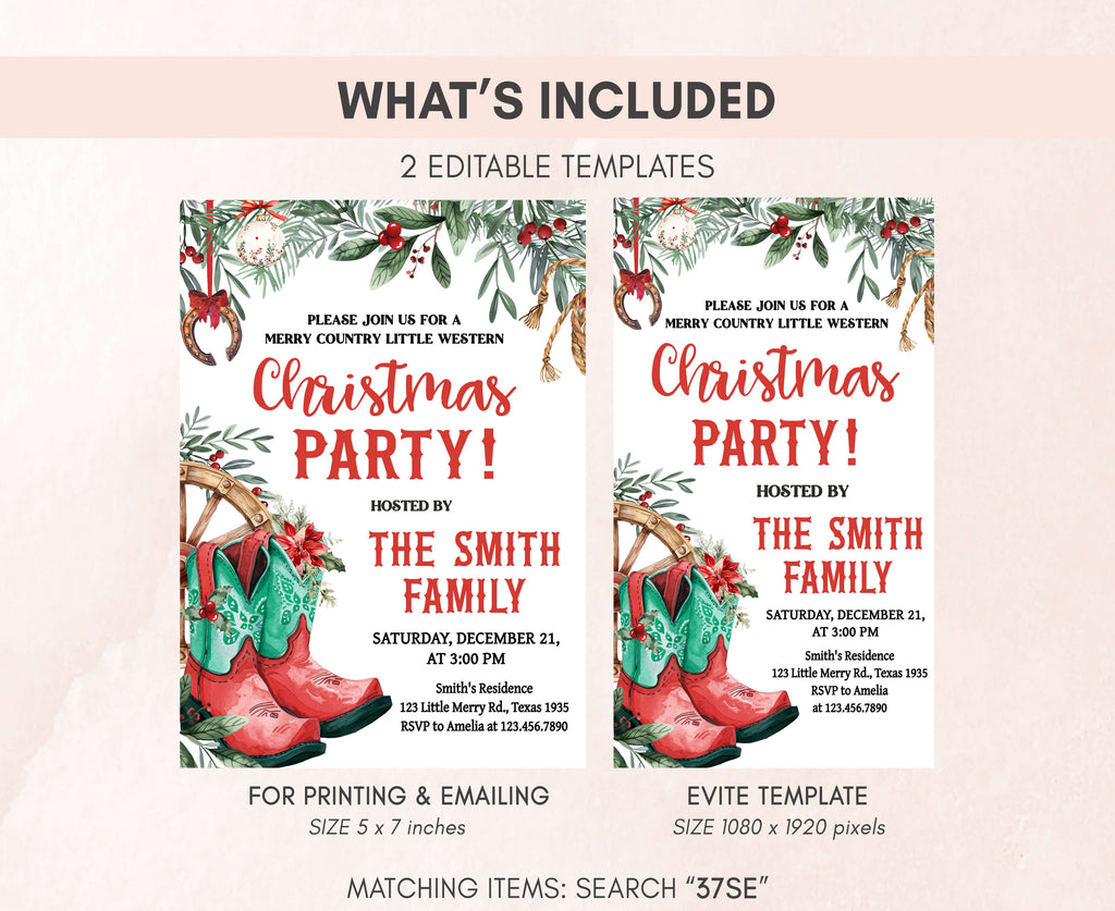 Farmhouse holiday party invitation with rustic cowboy design