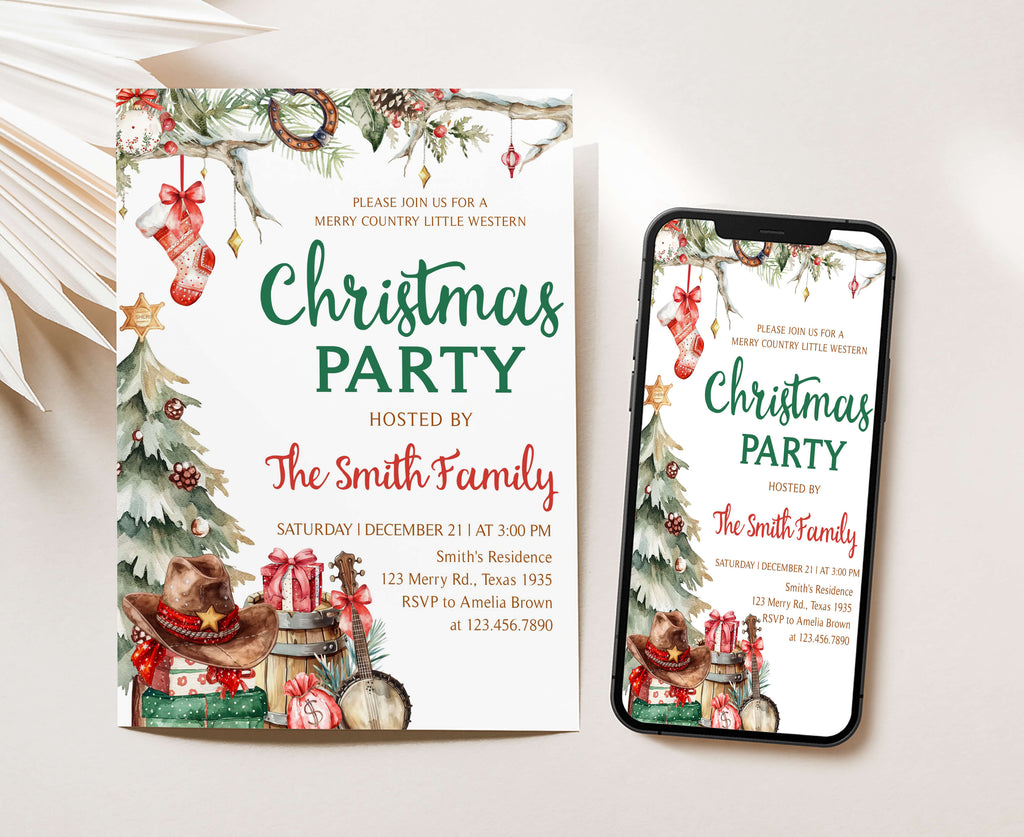 Western cowboy hat and gifts Christmas party printable card