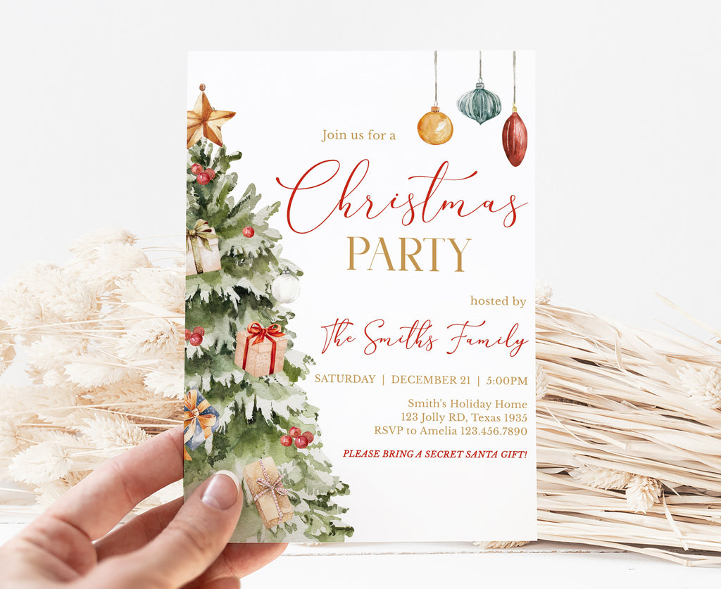 Elegant printable Christmas invitation with ornaments