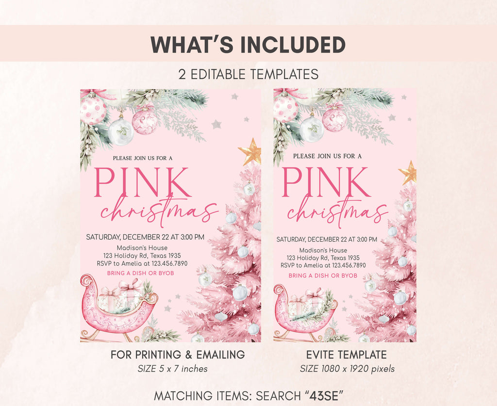 Customizable Christmas invitation in pink and gold accents