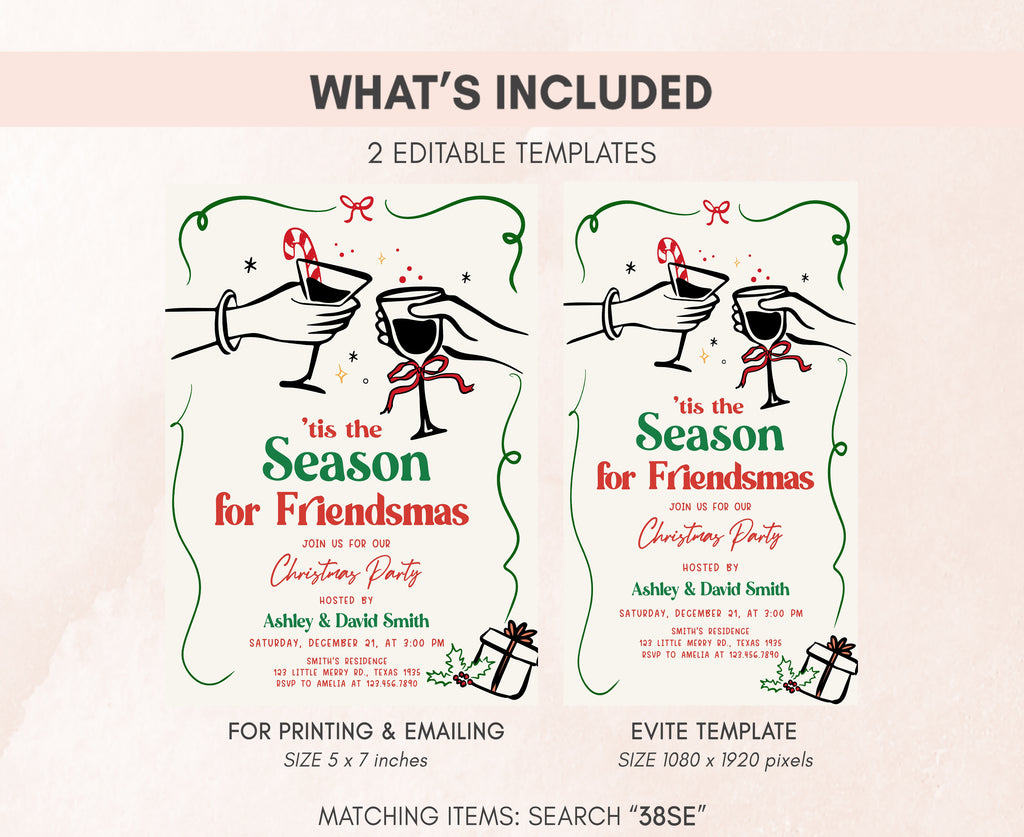 Editable Friendsmas invitation card for holiday gatherings