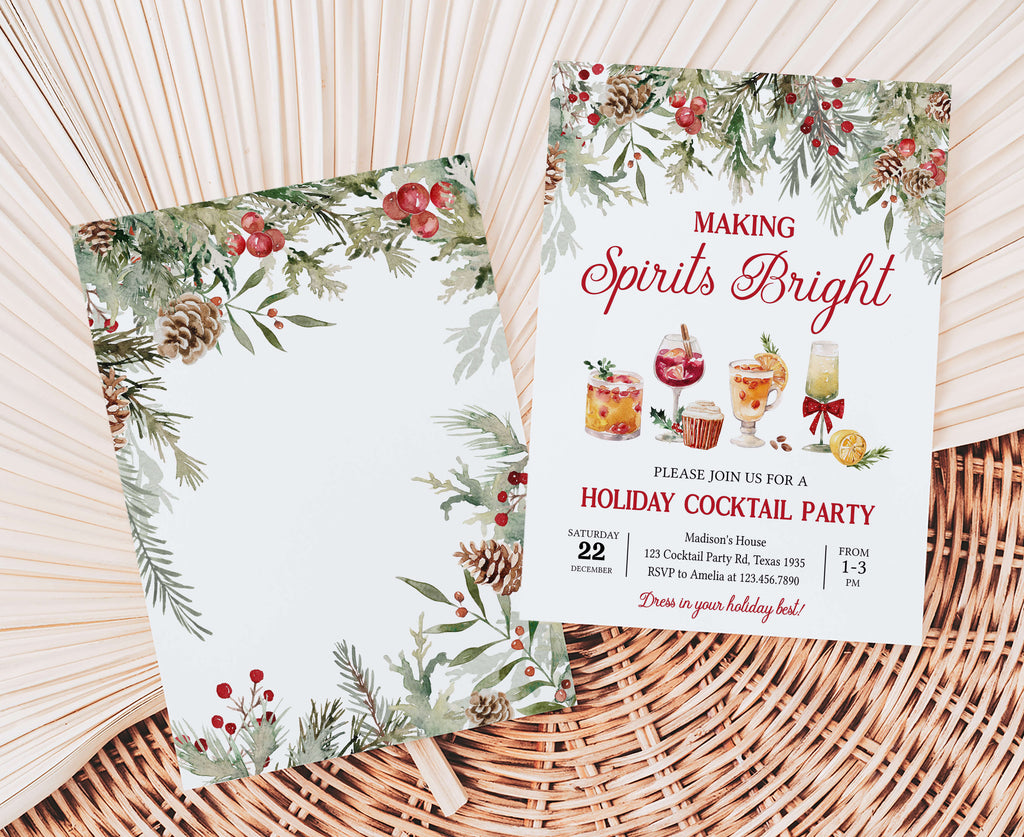Festive holiday invitation with pinecones and holly design