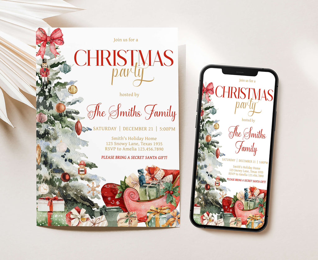 Festive Christmas party invite featuring watercolor art
