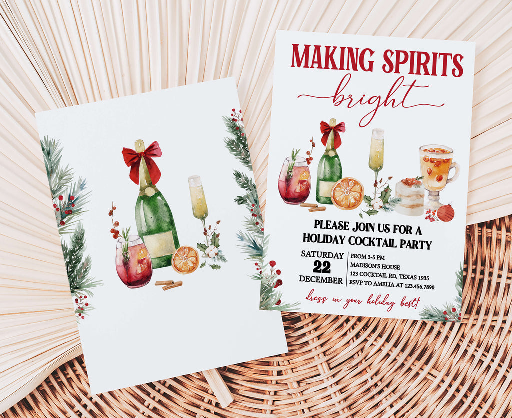 Elegant holiday invitation featuring champagne, wine, and cocktails