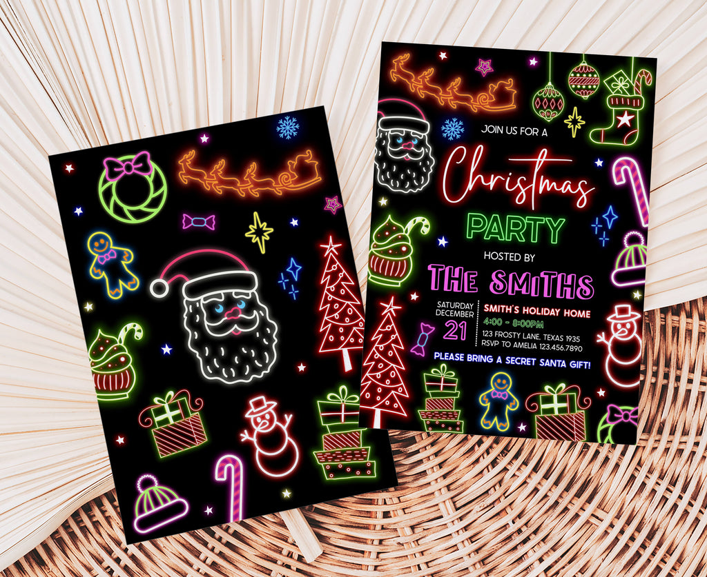 Digital download holiday invite with neon lights