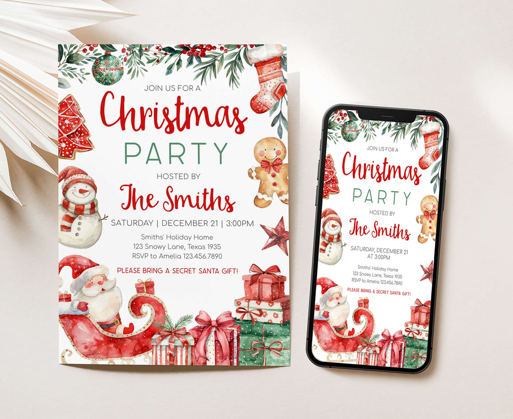 festive Secret Santa holiday gathering invitation template
