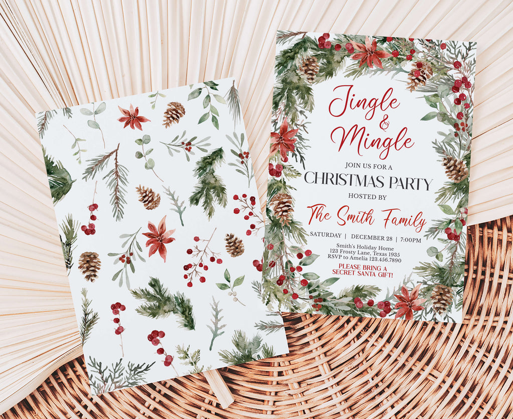 Rustic pinecone and greenery holiday invitation card design