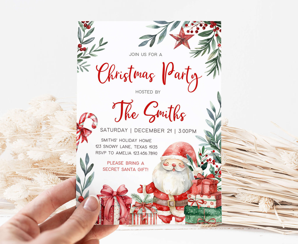 watercolor Santa Claus Christmas invitation with gifts and candy canes