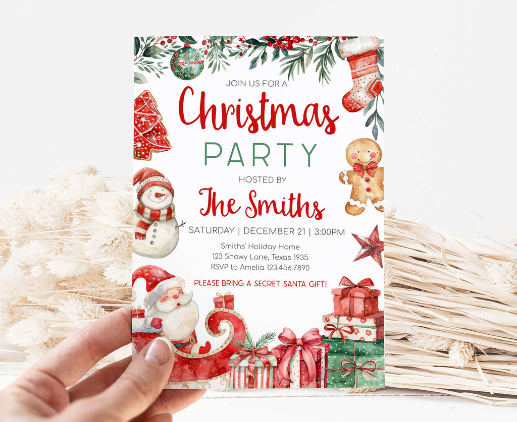 watercolor gingerbread man and snowman Christmas invitation